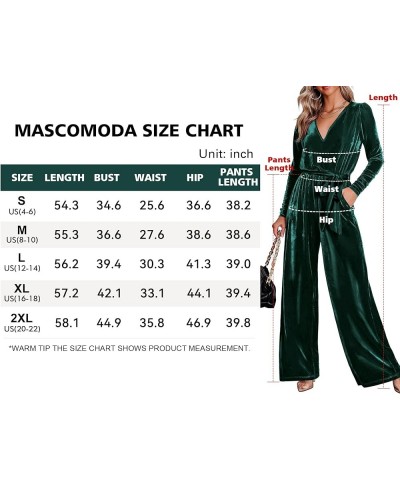 2023 Velvet Long Sleeve Wide Leg Jumpsuits for Women Dressy V Neck Belted Romper One Piece Fall Outfits with Pocket Dark Gree...