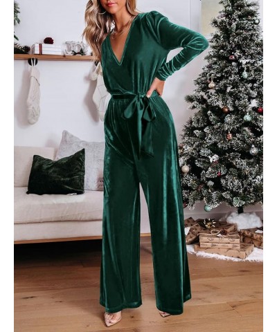 2023 Velvet Long Sleeve Wide Leg Jumpsuits for Women Dressy V Neck Belted Romper One Piece Fall Outfits with Pocket Dark Gree...