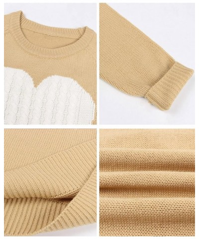 Women's Pullover Sweaters Long Sleeve Crewneck Front Ribbed Knitted Cute Heart Sweater 3032 Camel $16.77 Sweaters