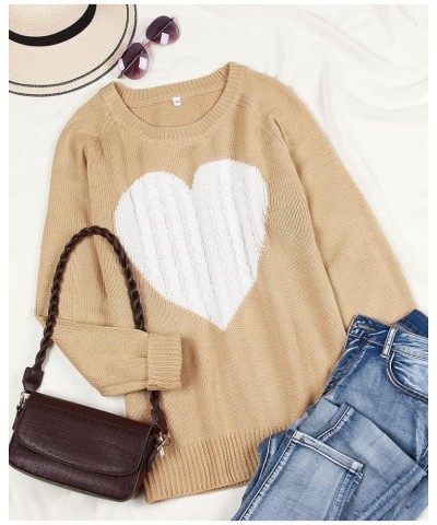 Women's Pullover Sweaters Long Sleeve Crewneck Front Ribbed Knitted Cute Heart Sweater 3032 Camel $16.77 Sweaters