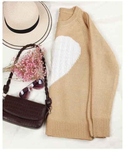 Women's Pullover Sweaters Long Sleeve Crewneck Front Ribbed Knitted Cute Heart Sweater 3032 Camel $16.77 Sweaters