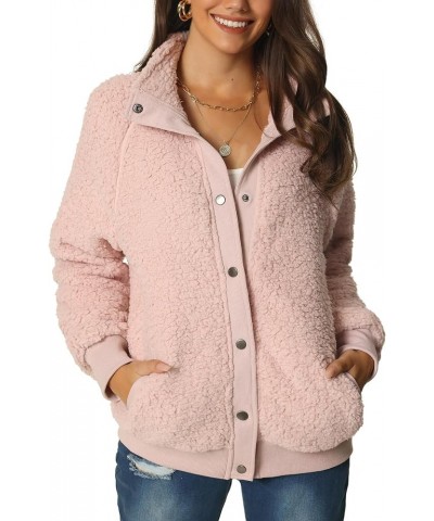 Women's Fleece Jacket Fuzzy Long Sleeve Coat Button Down Outerwear with Pockets Pink $19.03 Jackets