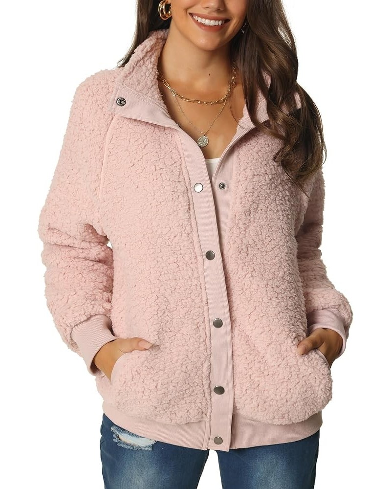 Women's Fleece Jacket Fuzzy Long Sleeve Coat Button Down Outerwear with Pockets Pink $19.03 Jackets