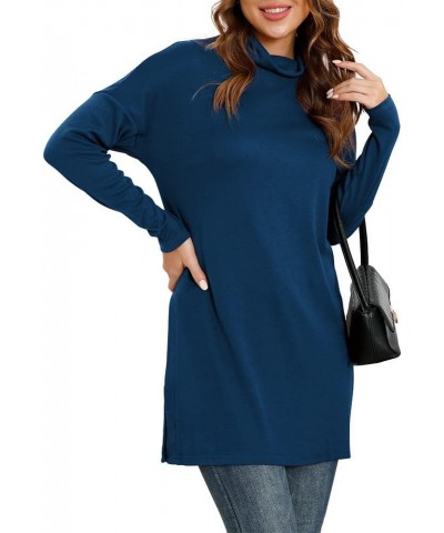 Womens Turtleneck Batwing Long Sleeve Hem Split Loose Casual Tops Tunic Blouse 14 Navy Blue $21.65 Tops