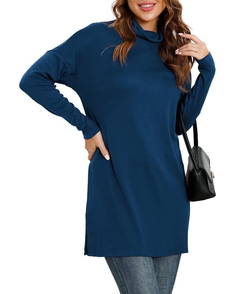 Womens Turtleneck Batwing Long Sleeve Hem Split Loose Casual Tops Tunic Blouse 14 Navy Blue $21.65 Tops