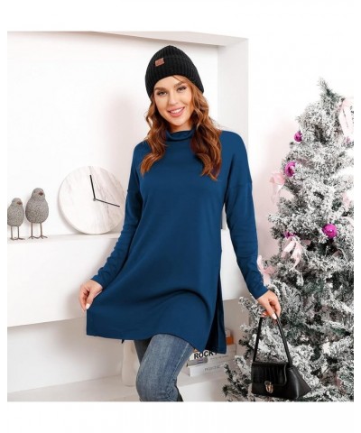 Womens Turtleneck Batwing Long Sleeve Hem Split Loose Casual Tops Tunic Blouse 14 Navy Blue $21.65 Tops