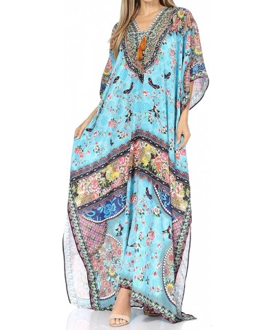 Georgettina Flowy Rhinestone V Neck Long Caftan Dress/Cover Up Turquoise Green / Multi $31.19 Dresses