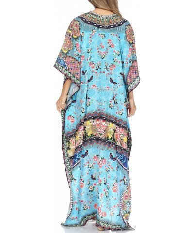 Georgettina Flowy Rhinestone V Neck Long Caftan Dress/Cover Up Turquoise Green / Multi $31.19 Dresses