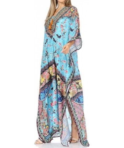 Georgettina Flowy Rhinestone V Neck Long Caftan Dress/Cover Up Turquoise Green / Multi $31.19 Dresses