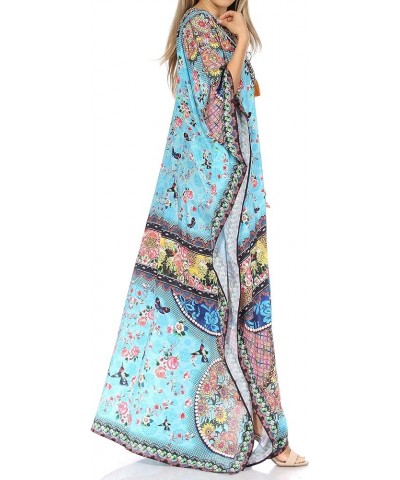 Georgettina Flowy Rhinestone V Neck Long Caftan Dress/Cover Up Turquoise Green / Multi $31.19 Dresses