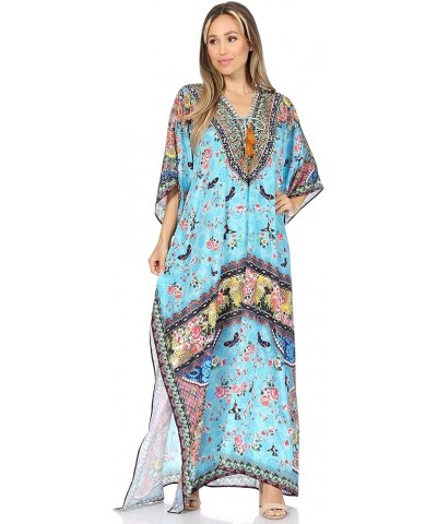 Georgettina Flowy Rhinestone V Neck Long Caftan Dress/Cover Up Turquoise Green / Multi $31.19 Dresses