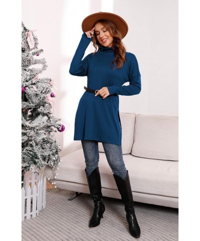 Womens Turtleneck Batwing Long Sleeve Hem Split Loose Casual Tops Tunic Blouse 14 Navy Blue $21.65 Tops