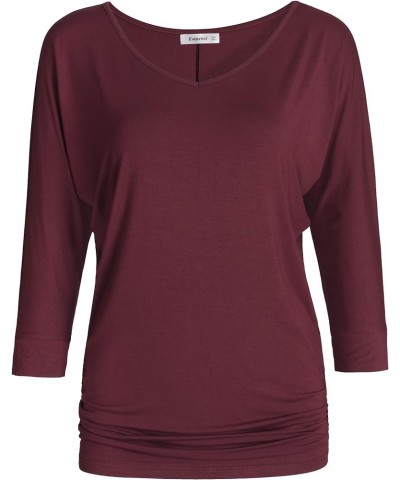 Women's V-Neck Dolman Top 3/4 Sleeve Drape Shirt Wine Red $12.74 T-Shirts