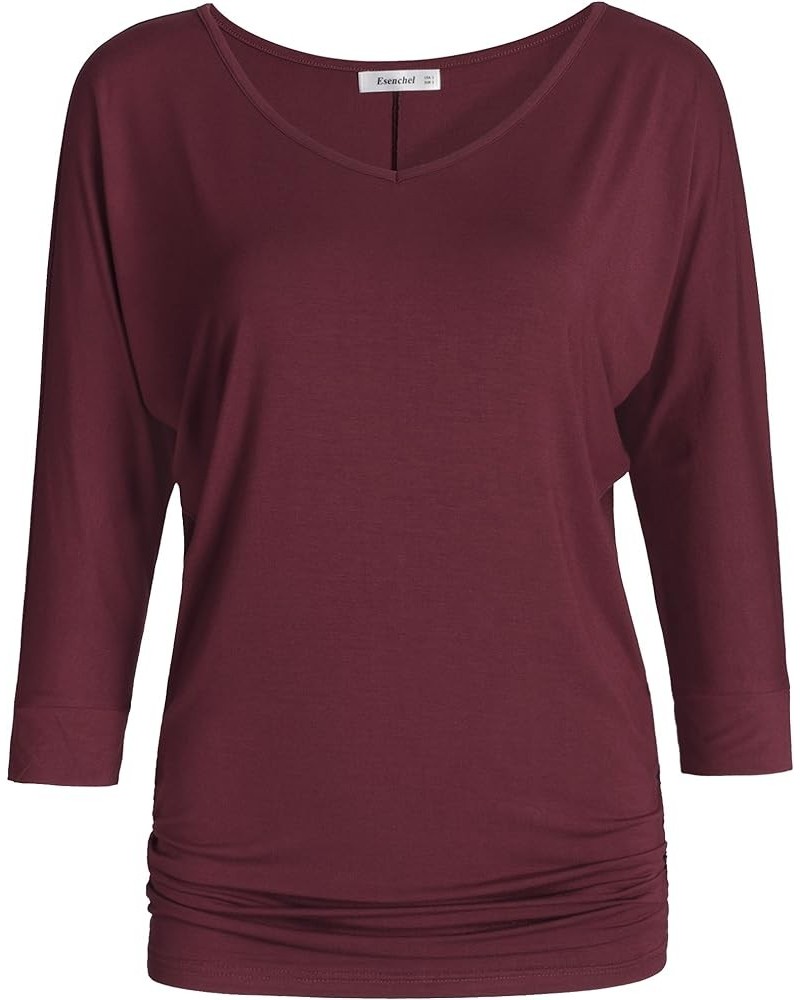 Women's V-Neck Dolman Top 3/4 Sleeve Drape Shirt Wine Red $12.74 T-Shirts