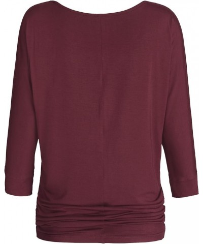 Women's V-Neck Dolman Top 3/4 Sleeve Drape Shirt Wine Red $12.74 T-Shirts