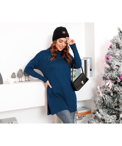 Womens Turtleneck Batwing Long Sleeve Hem Split Loose Casual Tops Tunic Blouse 14 Navy Blue $21.65 Tops