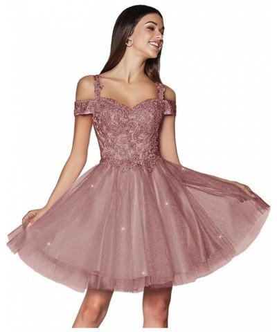 Glitter Lace Appliques Homecoming Dresses for Teens Cold Shoulder Tulle Prom Cocktail Party Gowns Dusty Rose $30.55 Dresses