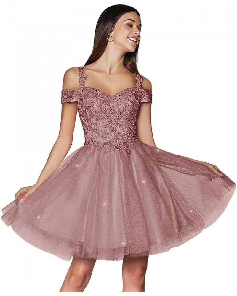 Glitter Lace Appliques Homecoming Dresses for Teens Cold Shoulder Tulle Prom Cocktail Party Gowns Dusty Rose $30.55 Dresses