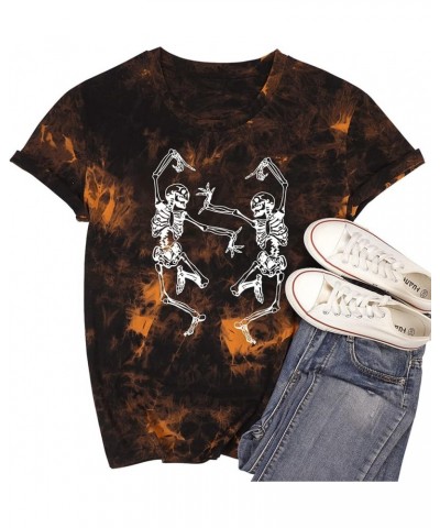 Dancing Skeleton Shirt for Women Happy Halloween T-Shirt Fall Skull Graphic Tees Tops Blouse Gift Td Brown2 $15.92 T-Shirts