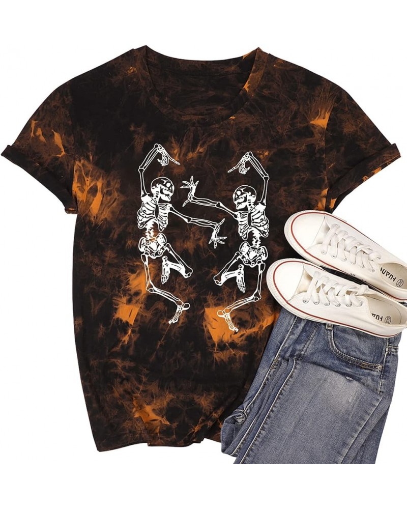 Dancing Skeleton Shirt for Women Happy Halloween T-Shirt Fall Skull Graphic Tees Tops Blouse Gift Td Brown2 $15.92 T-Shirts