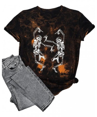 Dancing Skeleton Shirt for Women Happy Halloween T-Shirt Fall Skull Graphic Tees Tops Blouse Gift Td Brown2 $15.92 T-Shirts