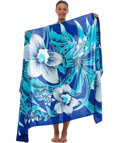 Womens Sarong Coverup Hand Painted Flower Swimsuit Wrap Skirt Beach Pareo with Coconut Clip Orchid Blue $14.94 Swimsuits