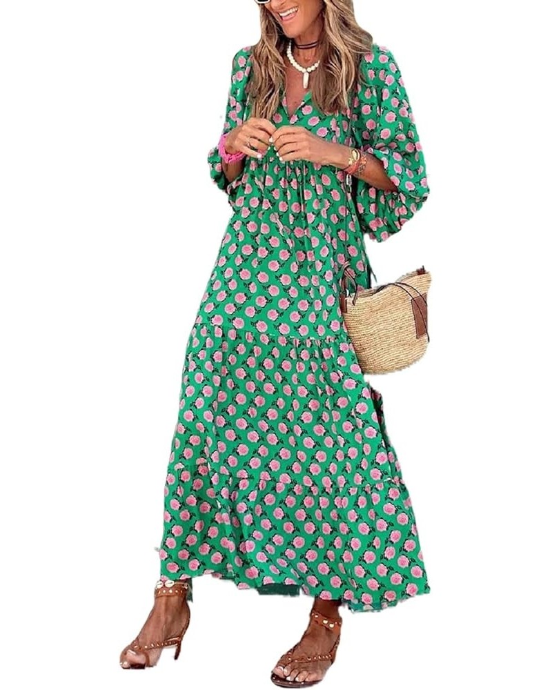 Women Puff Sleeve Tiered Maxi Dress Boho Floral Print Summer Casual Loose Flare Sundress Beach Long Swing Dress Green $14.24 ...