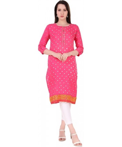 Cotton Bandhani Printed Embroidered Lace Button Kurti for Women Tunic Bandhej Kurta Pink $9.89 Tops