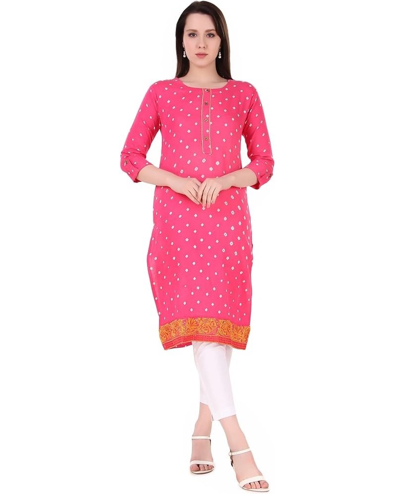 Cotton Bandhani Printed Embroidered Lace Button Kurti for Women Tunic Bandhej Kurta Pink $9.89 Tops