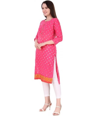 Cotton Bandhani Printed Embroidered Lace Button Kurti for Women Tunic Bandhej Kurta Pink $9.89 Tops