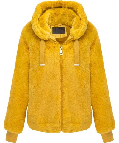 Women's Faux Fur Coat Spring Short Shearling Fuzzy Jacket Long Sleeve Outwear with Hood Yellow $23.10 Coats