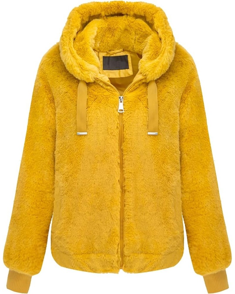 Women's Faux Fur Coat Spring Short Shearling Fuzzy Jacket Long Sleeve Outwear with Hood Yellow $23.10 Coats