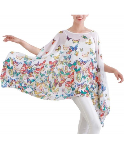 Women's Loose Solid Sheer Chiffon Caftan Poncho Batwing Tunic Top Blouse Summer Oversized Shirts White Butterflies $12.59 Tops