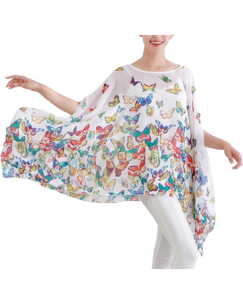 Women's Loose Solid Sheer Chiffon Caftan Poncho Batwing Tunic Top Blouse Summer Oversized Shirts White Butterflies $12.59 Tops