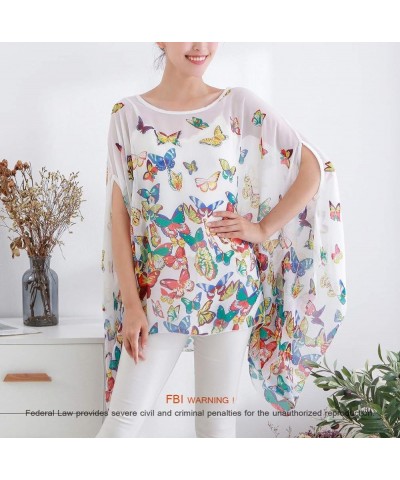 Women's Loose Solid Sheer Chiffon Caftan Poncho Batwing Tunic Top Blouse Summer Oversized Shirts White Butterflies $12.59 Tops