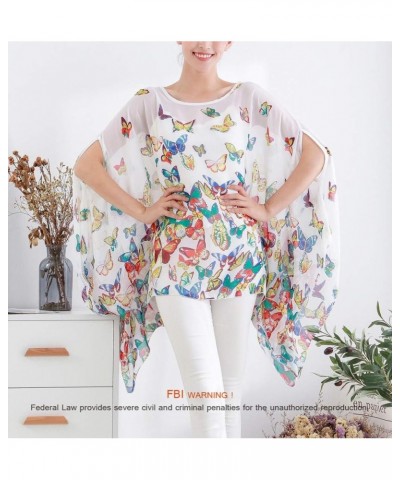 Women's Loose Solid Sheer Chiffon Caftan Poncho Batwing Tunic Top Blouse Summer Oversized Shirts White Butterflies $12.59 Tops