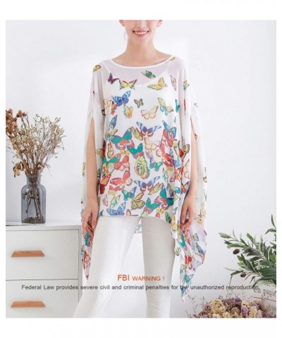 Women's Loose Solid Sheer Chiffon Caftan Poncho Batwing Tunic Top Blouse Summer Oversized Shirts White Butterflies $12.59 Tops