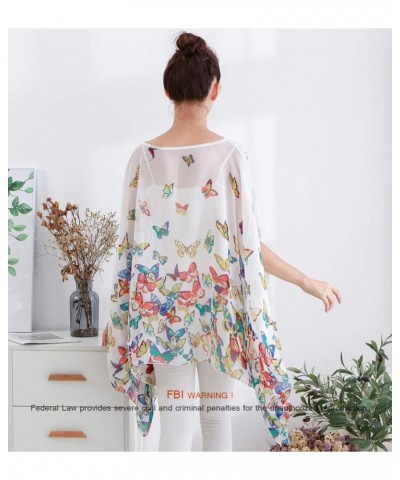 Women's Loose Solid Sheer Chiffon Caftan Poncho Batwing Tunic Top Blouse Summer Oversized Shirts White Butterflies $12.59 Tops