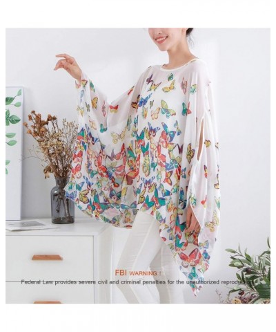 Women's Loose Solid Sheer Chiffon Caftan Poncho Batwing Tunic Top Blouse Summer Oversized Shirts White Butterflies $12.59 Tops