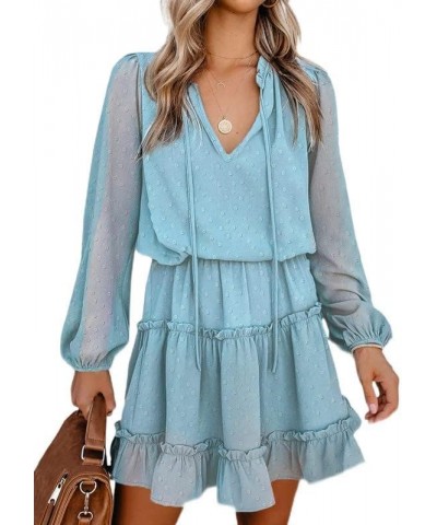 Womens 2024 Summer Spring Split V Neck Ruffle Chiffon Elegant Mini Short Skirt Dresses T Sky Blue $26.08 Dresses