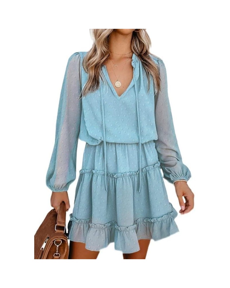 Womens 2024 Summer Spring Split V Neck Ruffle Chiffon Elegant Mini Short Skirt Dresses T Sky Blue $26.08 Dresses