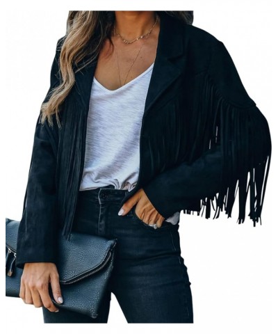 Women's Fashion Notched Collar Open-Front Fringed Performance Moto Faux Suede Leather Crop Jacket Coat Black $29.94 Coats