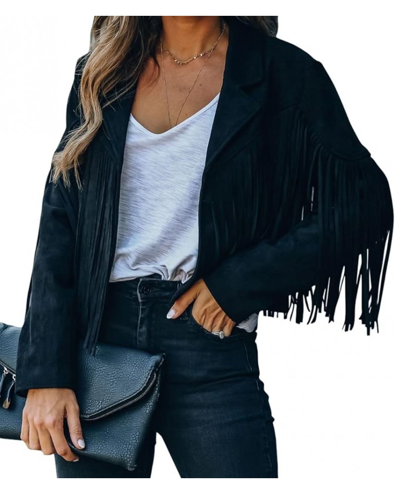 Women's Fashion Notched Collar Open-Front Fringed Performance Moto Faux Suede Leather Crop Jacket Coat Black $29.94 Coats