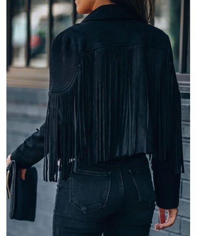 Women's Fashion Notched Collar Open-Front Fringed Performance Moto Faux Suede Leather Crop Jacket Coat Black $29.94 Coats