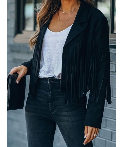 Women's Fashion Notched Collar Open-Front Fringed Performance Moto Faux Suede Leather Crop Jacket Coat Black $29.94 Coats