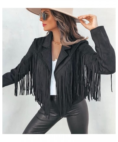 Women's Fashion Notched Collar Open-Front Fringed Performance Moto Faux Suede Leather Crop Jacket Coat Black $29.94 Coats