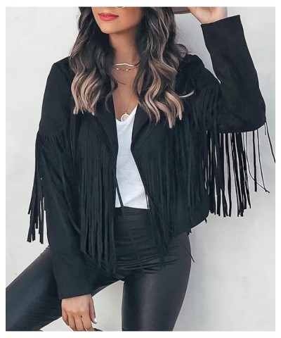 Women's Fashion Notched Collar Open-Front Fringed Performance Moto Faux Suede Leather Crop Jacket Coat Black $29.94 Coats