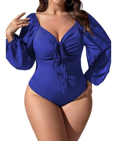 Plus Size Lantern Long Sleeve Bodysuit for Women Ruched Tie Tops Sweetheart Blouses Shirts One Piece Jumpsuit Plain Royal Blu...