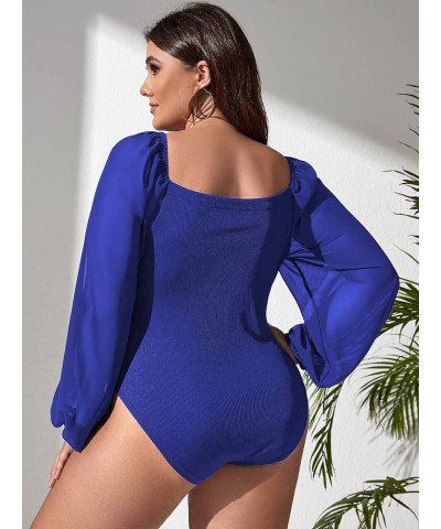 Plus Size Lantern Long Sleeve Bodysuit for Women Ruched Tie Tops Sweetheart Blouses Shirts One Piece Jumpsuit Plain Royal Blu...