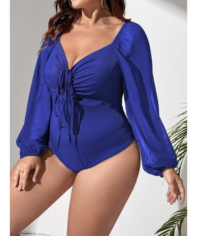 Plus Size Lantern Long Sleeve Bodysuit for Women Ruched Tie Tops Sweetheart Blouses Shirts One Piece Jumpsuit Plain Royal Blu...